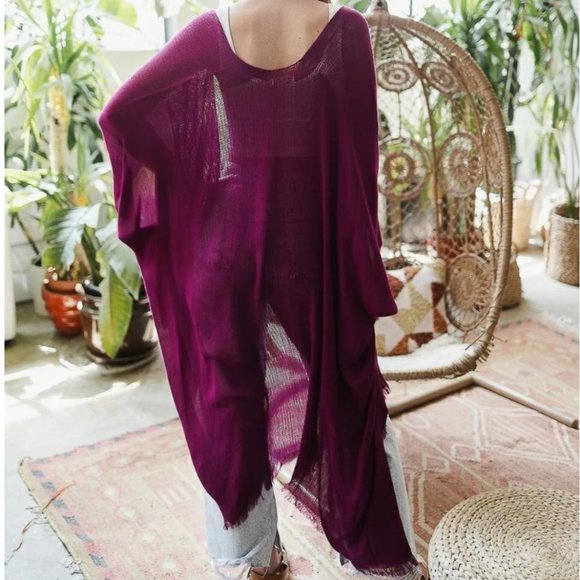 Magenta Frayed Kimono Open Grid Fabric One Size Fits Most Casual - Picture 4 of 4